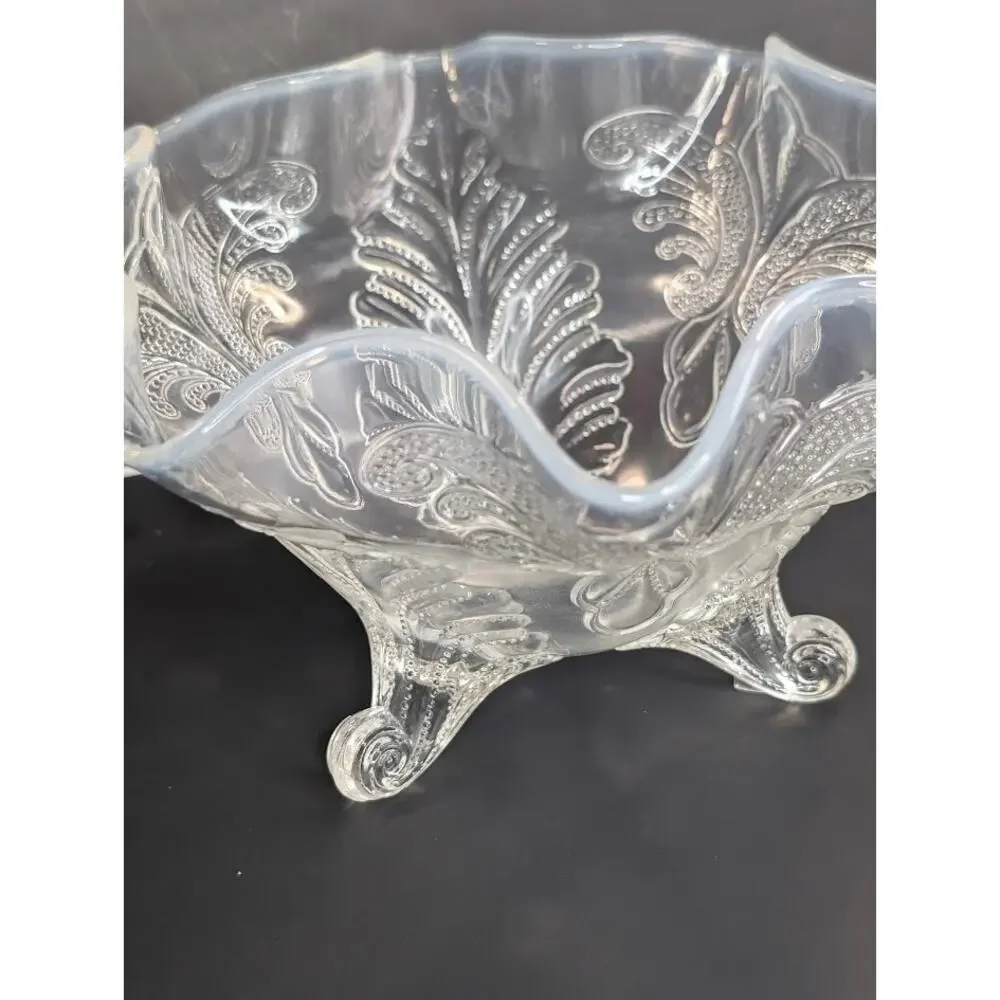 Vintage Dugan Palm & Scroll Pressed Glass Ruffled Footed Bowl
